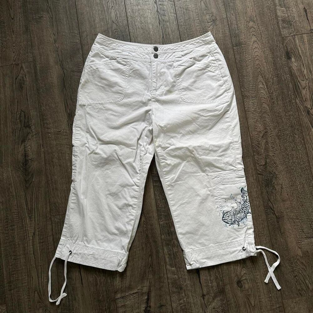 Vintage Y2K White Koi Fish Tattoo Cotton Bermuda Capris Shorts Tie